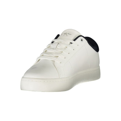 Calvin Klein White Leather Men Sneaker with blue accents and recycled sole, blending style with sustainability for modern comfort.