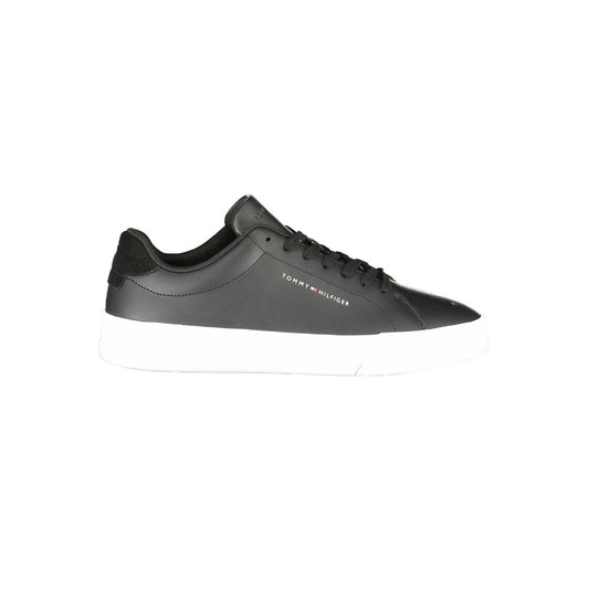 Tommy Hilfiger Black Leather Men Sneaker with contrasting athletic design and removable footbed for comfort, featuring brand logo.