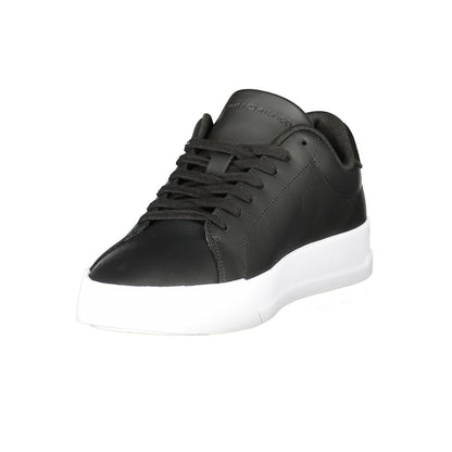 Tommy Hilfiger Black Leather Men Sneaker with white sole, featuring removable footbed and distinctive logo for bold elegance.