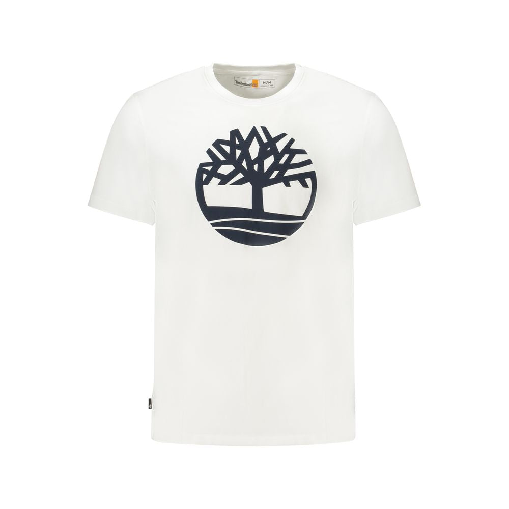 Timberland White Cotton Men T-Shirt with bold logo and crew neck design.