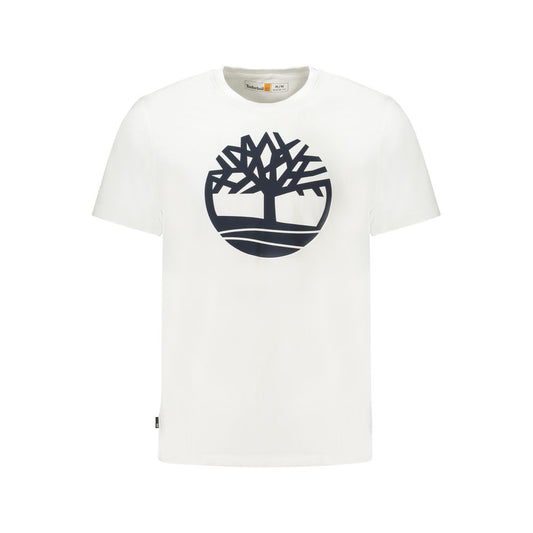 Timberland White Cotton Men T-Shirt with bold logo and crew neck design.