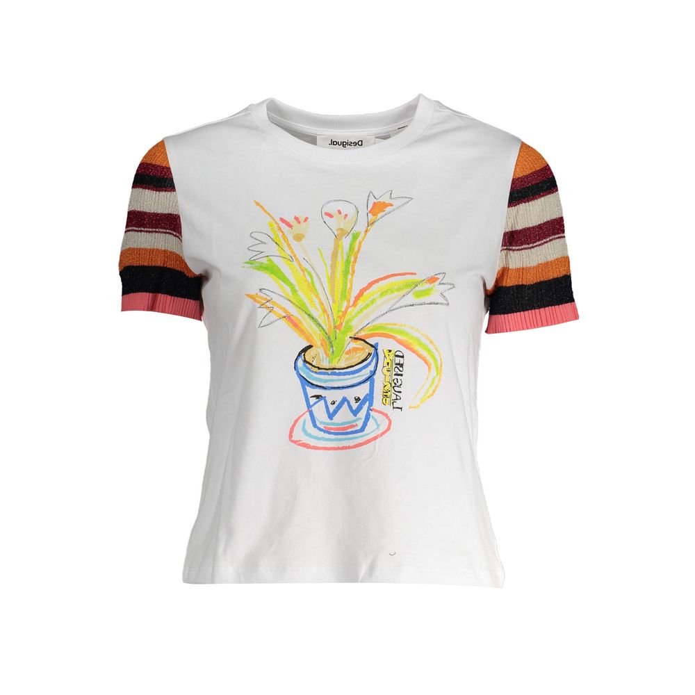 Desigual White Cotton Women T-Shirt with colorful plant print and striped sleeves, featuring the iconic Desigual design and logo.