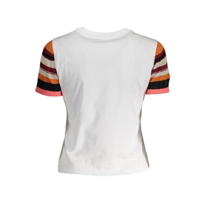 Back view of Desigual White Cotton Women T-Shirt with colorful striped sleeves