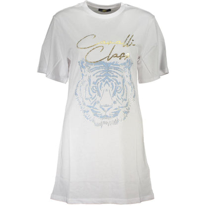 Cavalli Class White Cotton Women T-Shirt with logo print and tiger design