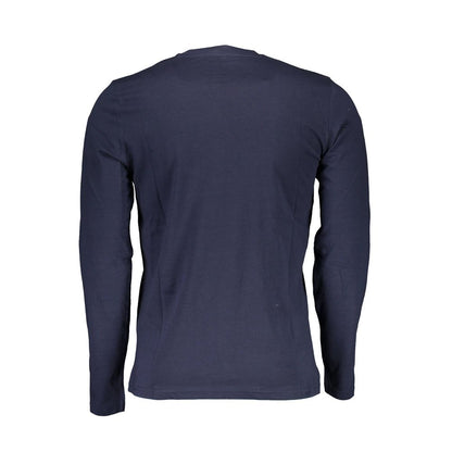 Back view of North Sails Blue Cotton Men T-Shirt, long-sleeved, featuring crew neck design and iconic North Sails logo.