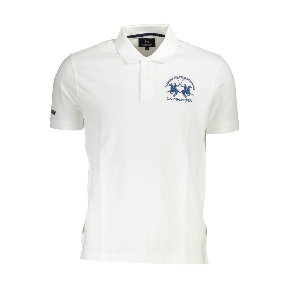 La Martina White Cotton Men Polo Shirt with embroidery and logo, featuring short sleeves and 2-button placket.