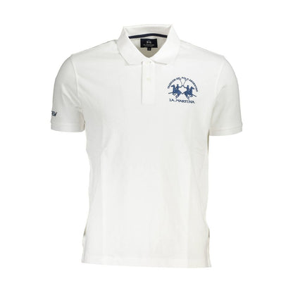 La Martina White Cotton Men Polo Shirt with embroidery and logo, featuring short sleeves and 2-button placket.