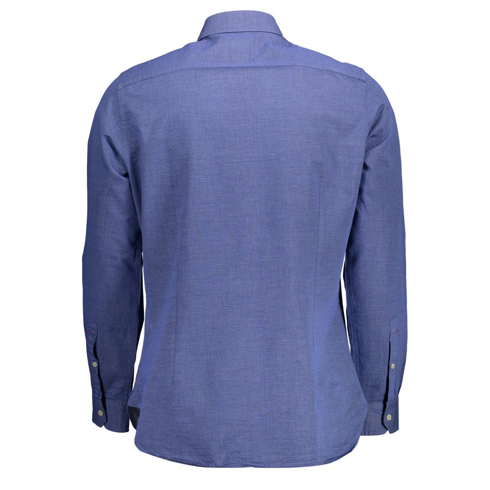 Back view of U.S. POLO ASSN. Blue Cotton Men Shirt with French collar, long sleeves, and 1-button cuffs.