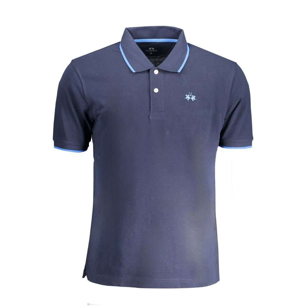 La Martina Blue Cotton Men Polo Shirt with contrasting details and iconic logo embroidery, crafted for elegance and comfort.
