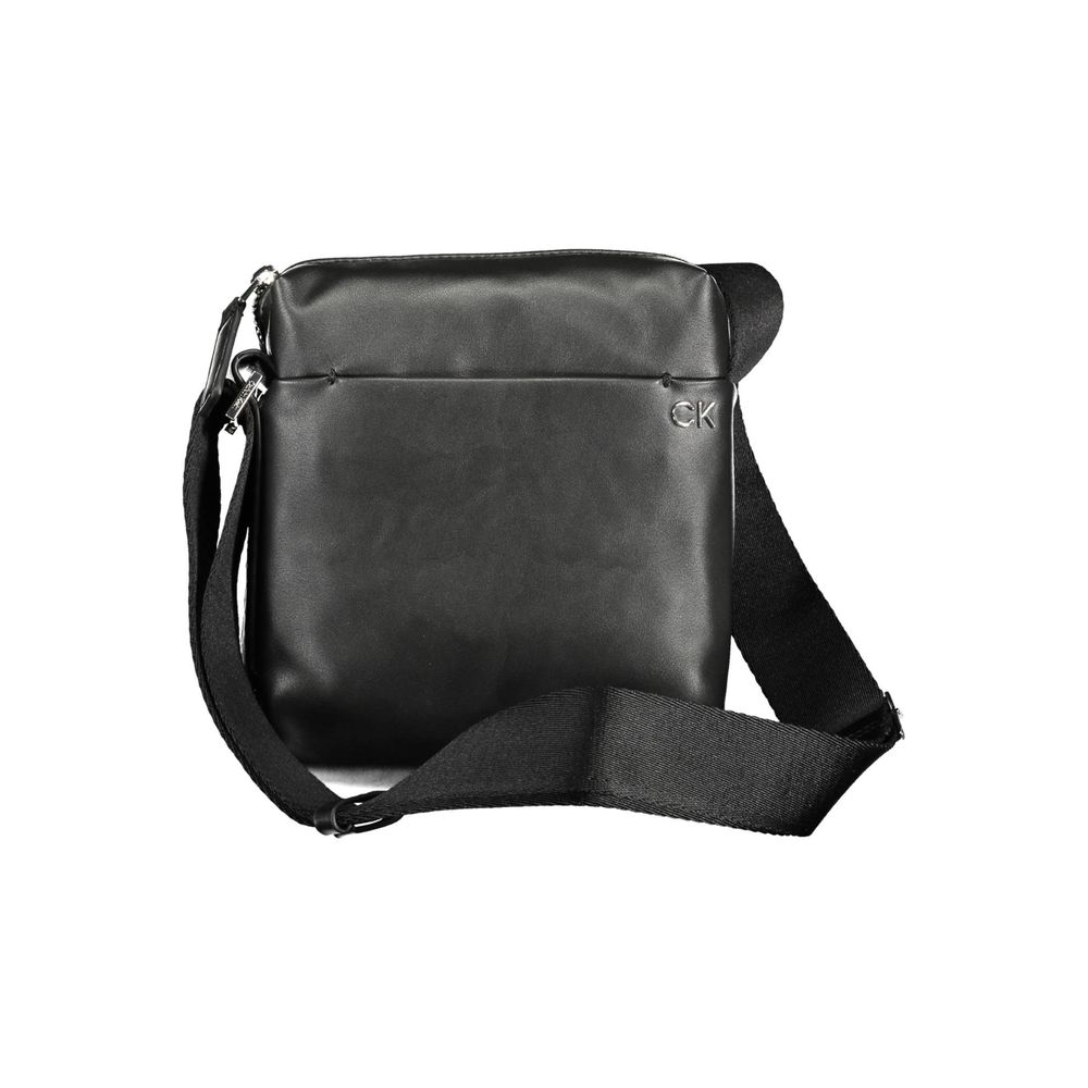 Calvin Klein Black Polyester Men Shoulder Bag with adjustable strap and external pocket, eco-conscious fashion accessory.