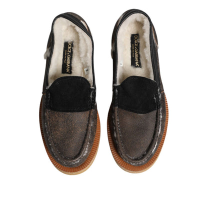Dolce & Gabbana Brown White Calfskin Leather Loafers Shoes