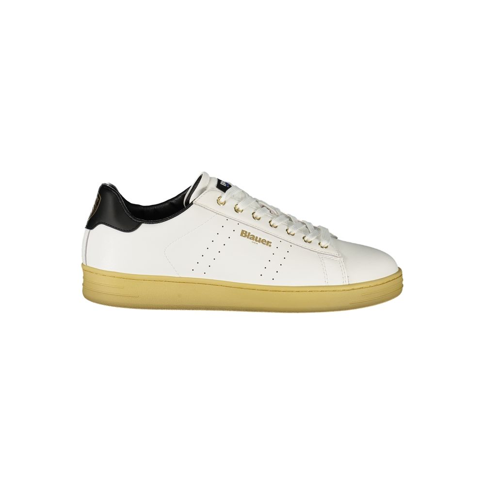 Blauer White Leather Men Sneaker with black accents and logo, featuring a removable footbed for comfort and designer flair.