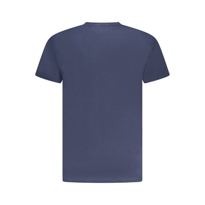 Back view of a Tommy Hilfiger Blue Cotton Men T-Shirt showcasing short sleeves and crew neck design.