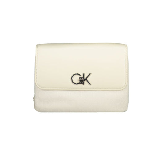 Calvin Klein Beige Polyester Handbag with chain handle, adjustable strap, internal card pocket, and swivel closure.