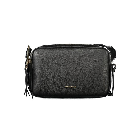 Coccinelle Black Leather Handbag with adjustable shoulder strap, two compartments, and zip closure.