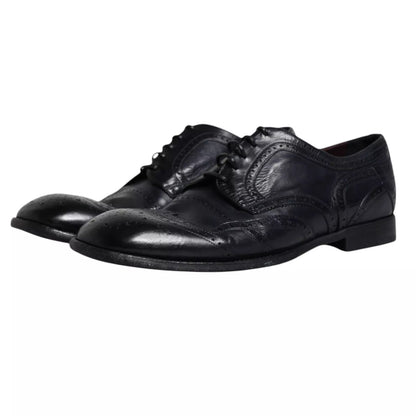 Dolce & Gabbana Dark Blue Leather Derby Wingtip Formal Shoes