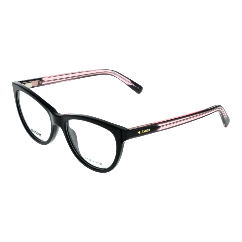 Missoni Black Women Glasses Frame in full-rim acetate with demo plastic lenses, size 53-17-145, featuring a round style in black color.