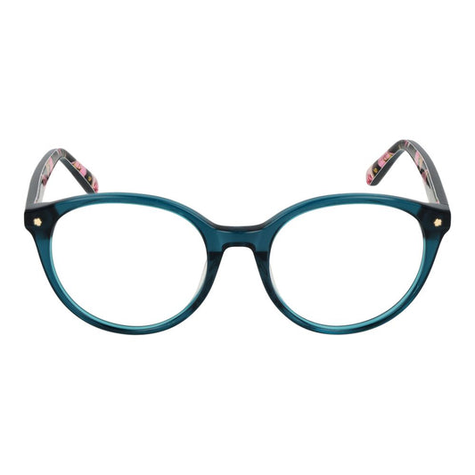 Ted Baker Green Women Glasses Frame, round full-rim style with plastic green frame and demo lenses, size 51-18-140, includes branded case.