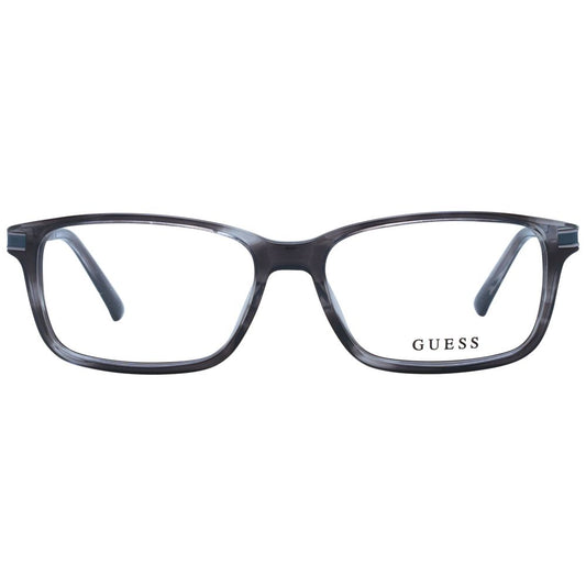 Guess Gray Men Glasses Frame in full-rim rectangle style with grey acetate and metal, spring hinge, branded case included.