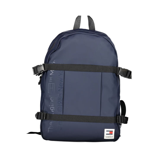 Tommy Hilfiger Blue Polyethylene Backpack with adjustable straps, external pocket, internal compartment, and logo.