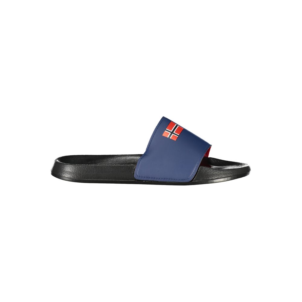 Norway 1963 Black Plastic Mens Sandal with bold logo, embracing individualistic style and comfort for trendsetters.