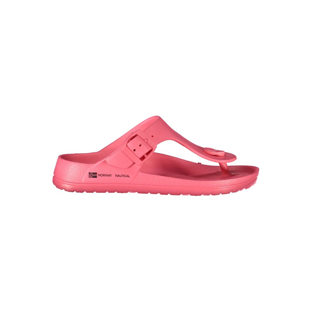 Norway 1963 Pink Plastic Women Sandal with adjustable buckle and bold print, showcasing chic contemporary style.