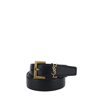 Saint Laurent Black Calf Leather Bos Taurus Regular Belt with brass-plated logo, 2.5 cm thick, elegant for formal or casual outfits.