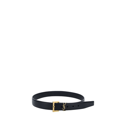 Saint Laurent Black Calf Leather Bos Taurus Regular Belt with brass-plated logo on smooth leather.