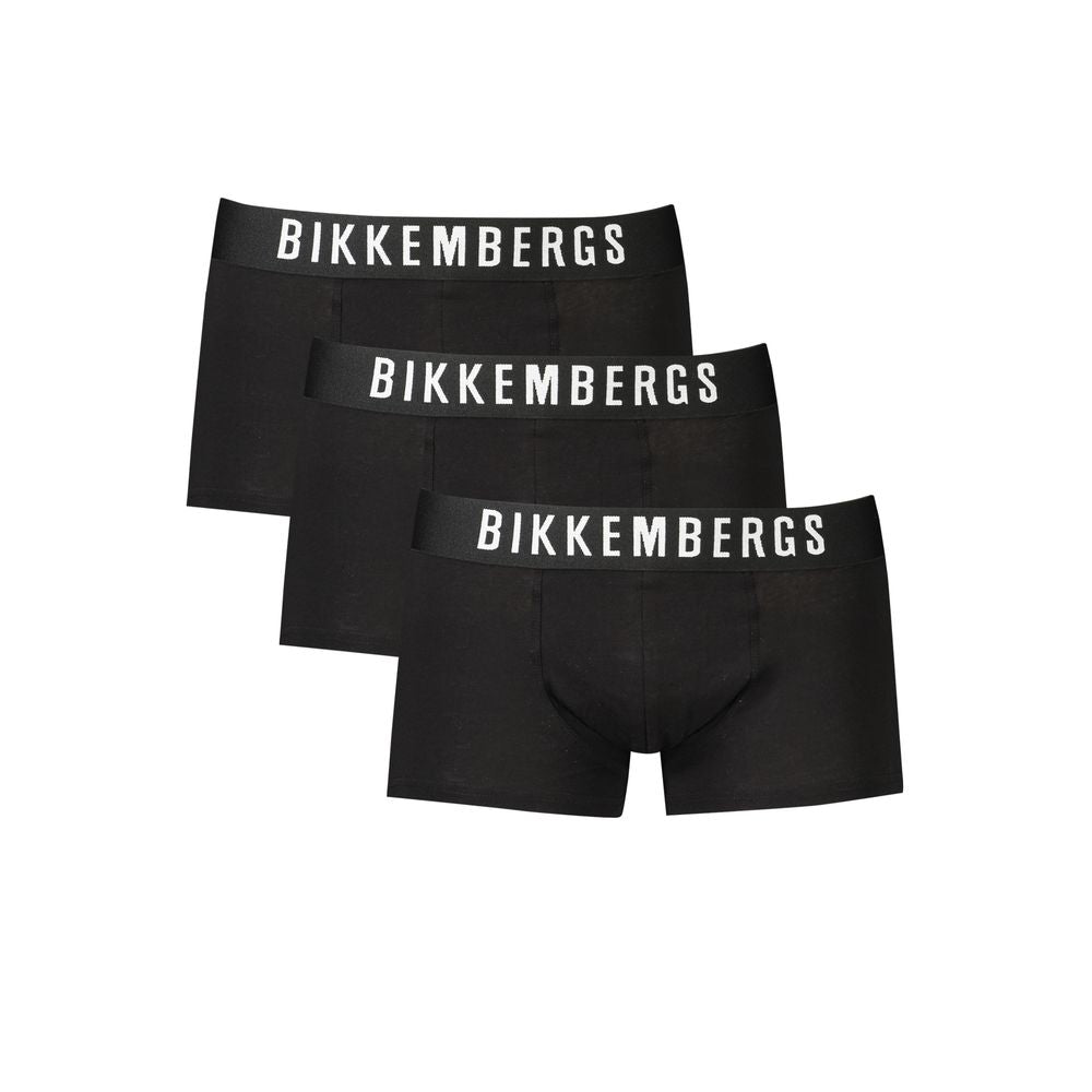Bikkembergs Black Cotton Underwear tri-pack with elastic waistband and logo design, elegant boxer parigamba style.
