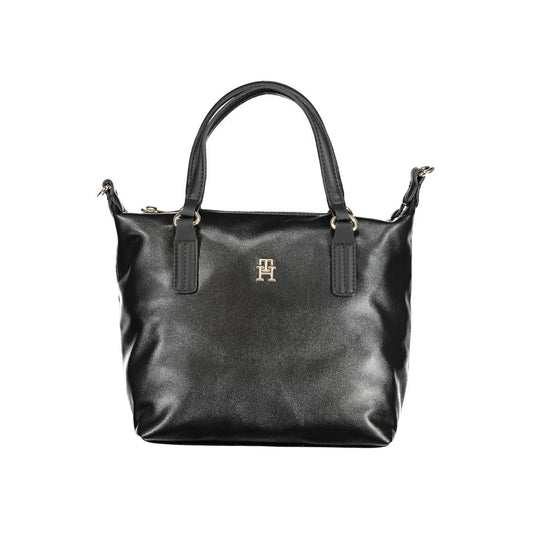Tommy Hilfiger Black Polyester Handbag with two handles, adjustable shoulder strap, internal pocket, and zip closure, featuring logo.