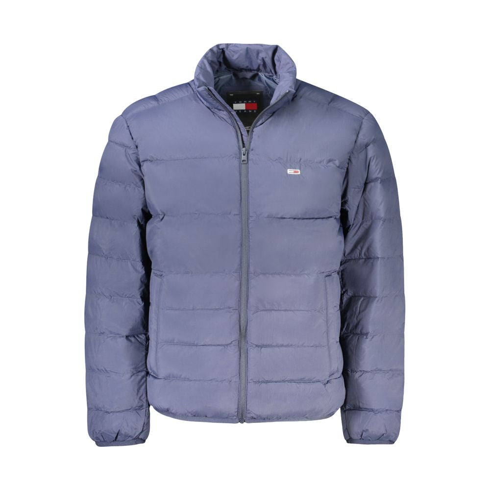Tommy Hilfiger Blue Polyamide Men Jacket with zip closure and iconic logo, featuring durable insulation and multiple pockets for functionality.