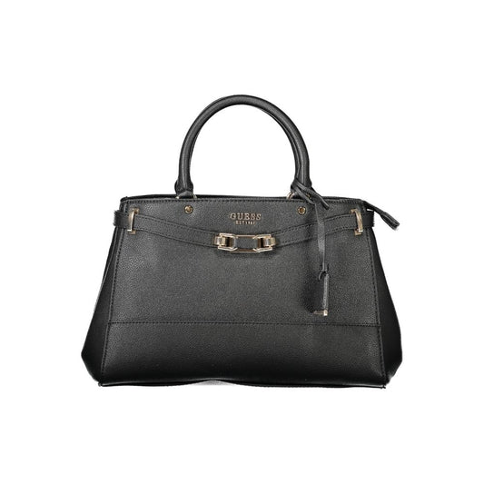 Guess Jeans Black Polyethylene Handbag with dual handles, adjustable strap, external pocket, compartments, and logo detailing.