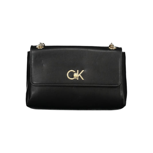 Calvin Klein Black Polyester Handbag with chain shoulder handles, external pocket, contrasting details, and logo on the front.