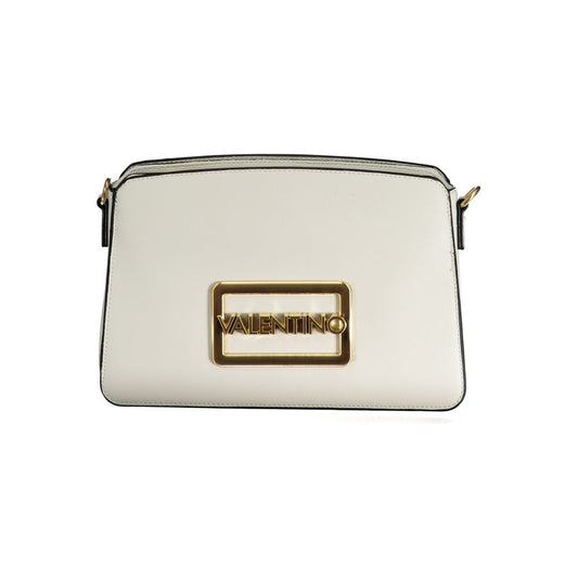 Front view of Mario Valentino White Polyethylene Handbag with gold logo and adjustable strap