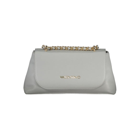 Mario Valentino Gray Polyethylene Handbag with chain shoulder strap, internal pocket, phone space, and logo clip closure.
