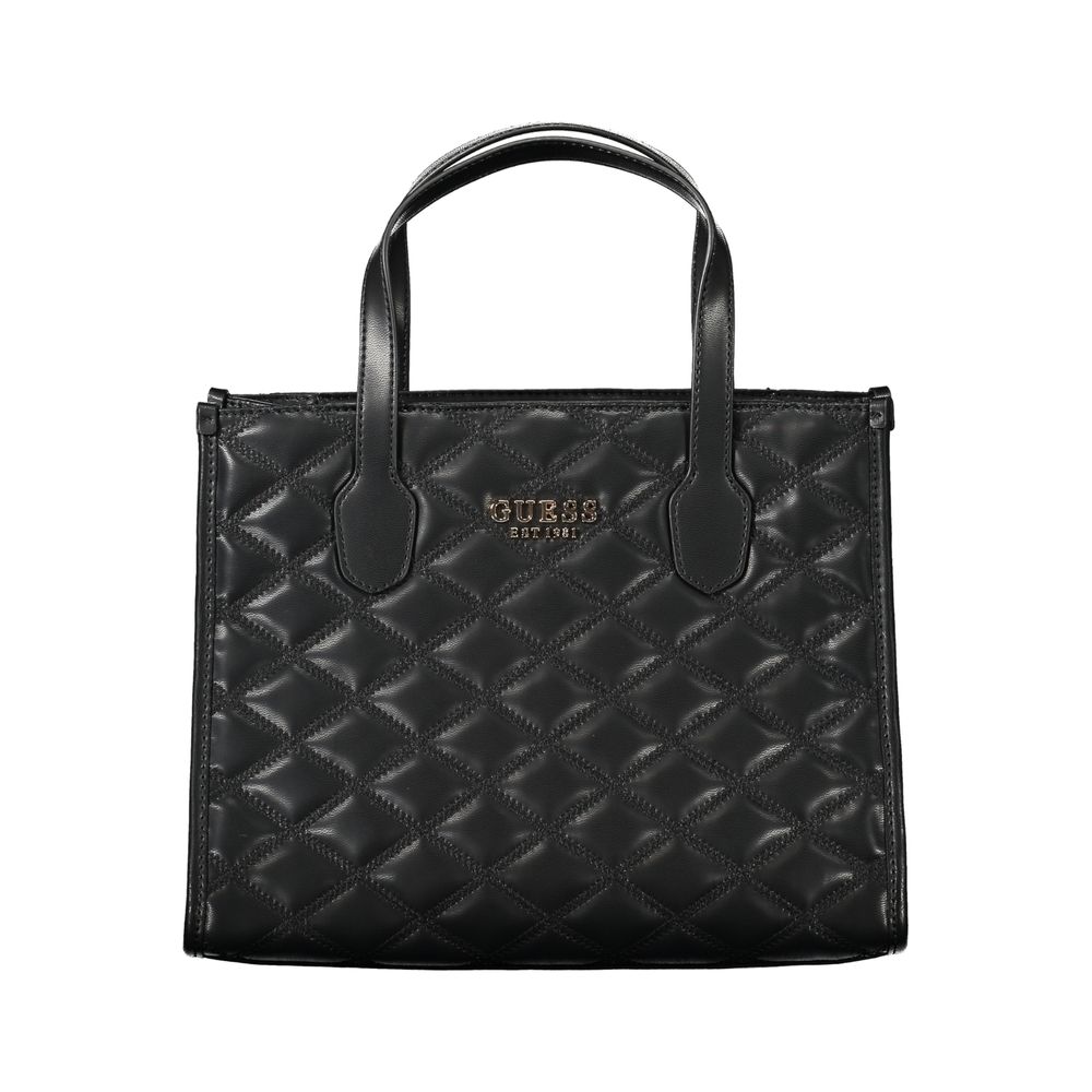 Guess Jeans Black Polyethylene Handbag with quilted design, dual handles, adjustable strap, protective feet, and logo detail.
