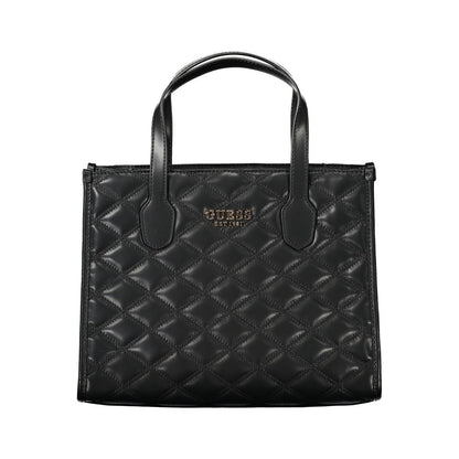 Guess Jeans Black Polyethylene Handbag with quilted design, dual handles, adjustable strap, protective feet, and logo detail.