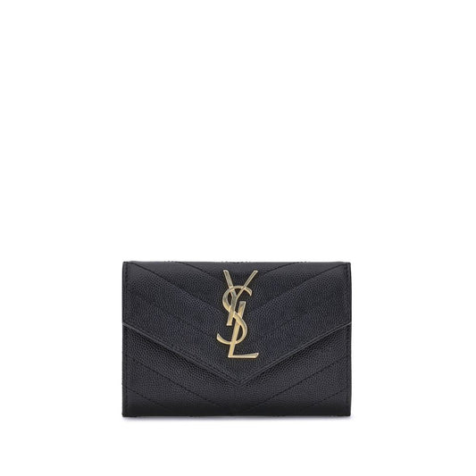 Saint Laurent Black Calf Leather Bos Taurus Wallet with logo plaque and snap-button closure.