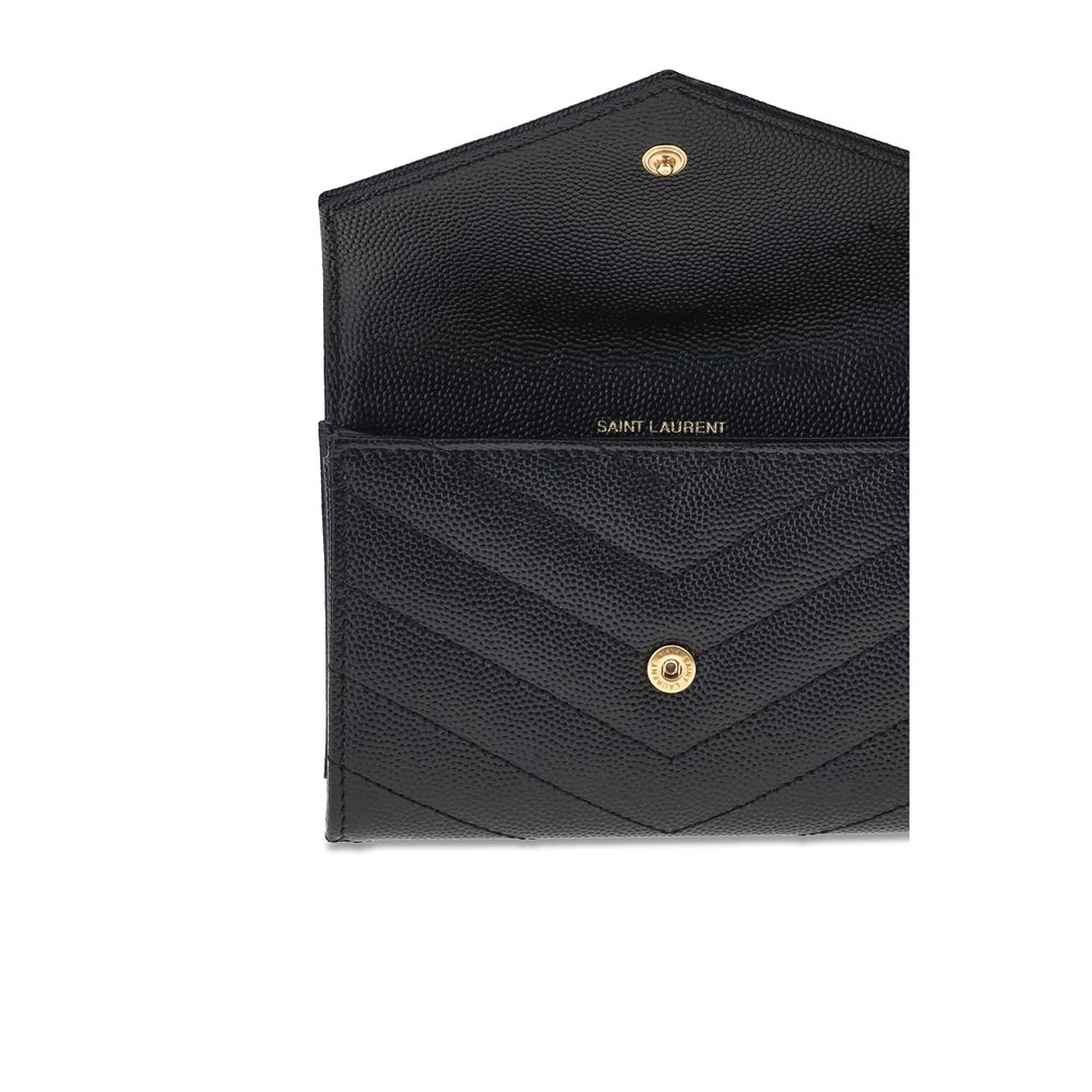 Saint Laurent Black Calf Leather Bos Taurus Wallet with snap-button closure and logo plaque, showing interior card slots.