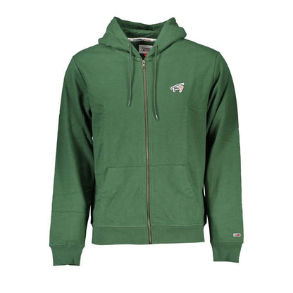 Tommy Hilfiger Green Cotton Men Sweater with Hood showcasing eco-friendly design and iconic logo.