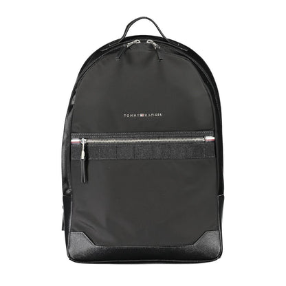 Tommy Hilfiger Black Polyester Backpack with handle, adjustable straps, external pocket, laptop compartment, and zip closure.