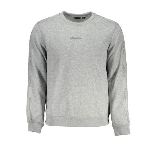 Calvin Klein Gray Polyester Men Sweater with long sleeves, logo detail, and brushed crew neck for stylish comfort and casual sophistication.