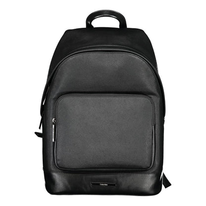 Calvin Klein Black Polyester Backpack with handle, adjustable straps, external pocket, laptop compartment, and zip closure.