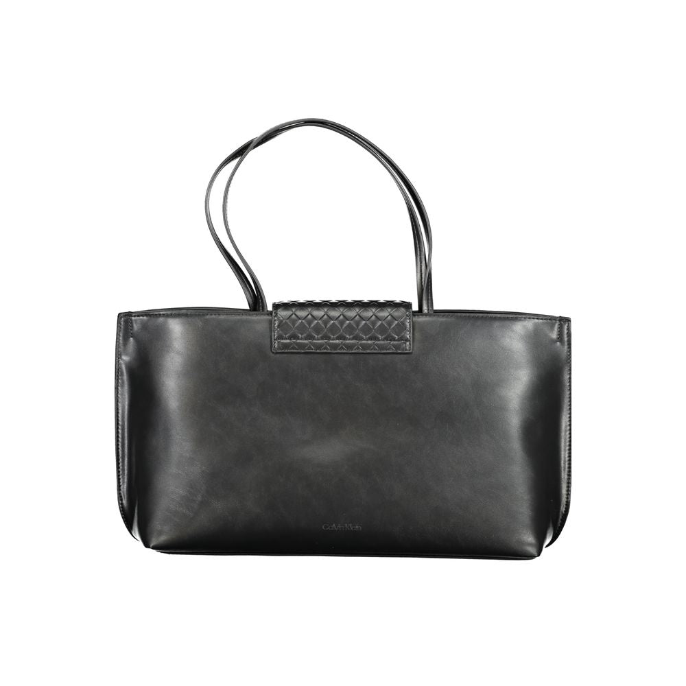 Calvin Klein Black Polyester Handbag with contrast details, two shoulder handles, internal pocket, and logo. Made from 50% recycled polyester.