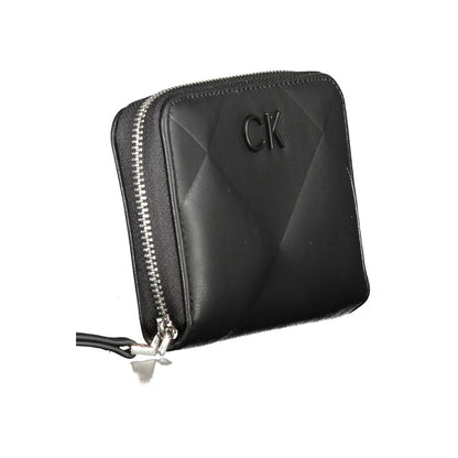 Calvin Klein Black Polyester Wallet with RFID blocking, card spaces, zip closure, and logo, made of 50% recycled polyester.