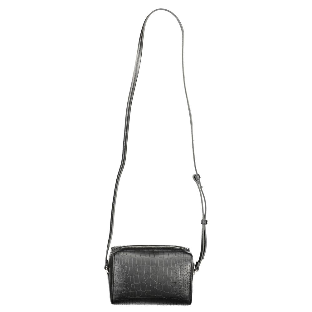Calvin Klein Black Polyester Handbag with adjustable strap, external pocket, card pocket, zip closure, and logo detailing