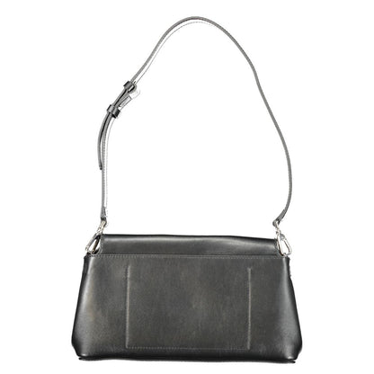 Calvin Klein Black Polyester Handbag with adjustable strap and snap closure, featuring logo design, made from 50% recycled materials.