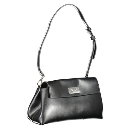 Calvin Klein Black Polyester Handbag with adjustable shoulder strap, snap closure, and internal pocket.