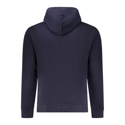 Back view of Napapijri Blue Cotton Men Sweater with hood, showcasing long sleeves and relaxed fit.