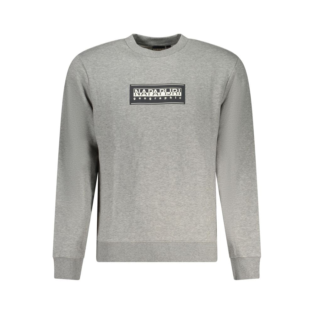 Napapijri Gray Cotton Men Sweater with logo on front, crew neck, long sleeves, perfect for contemporary street style and comfort.